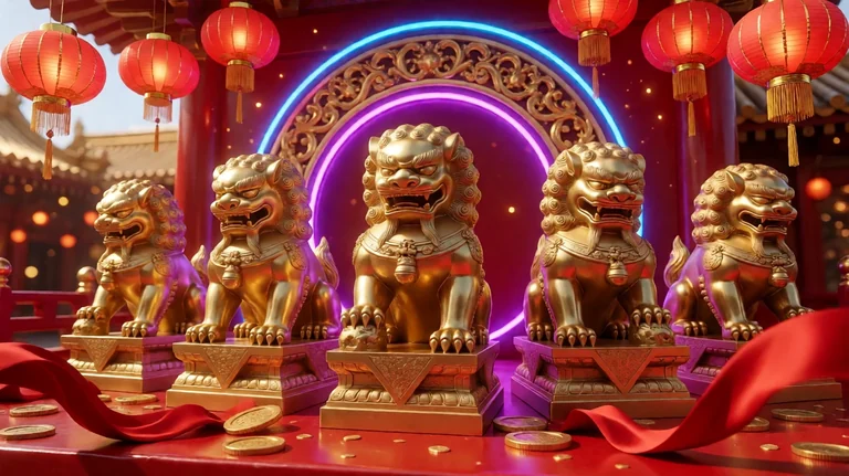 Five golden guardian lion statues in a row on a red temple stage, with red lanterns, gold coins and a neon arch behind them.