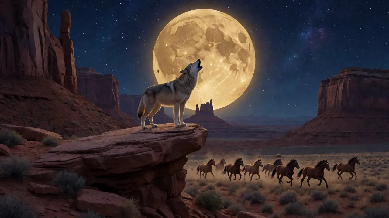A grey wolf howling from a red rock ledge under a giant golden full moon, with wild horses running across the desert prairie below