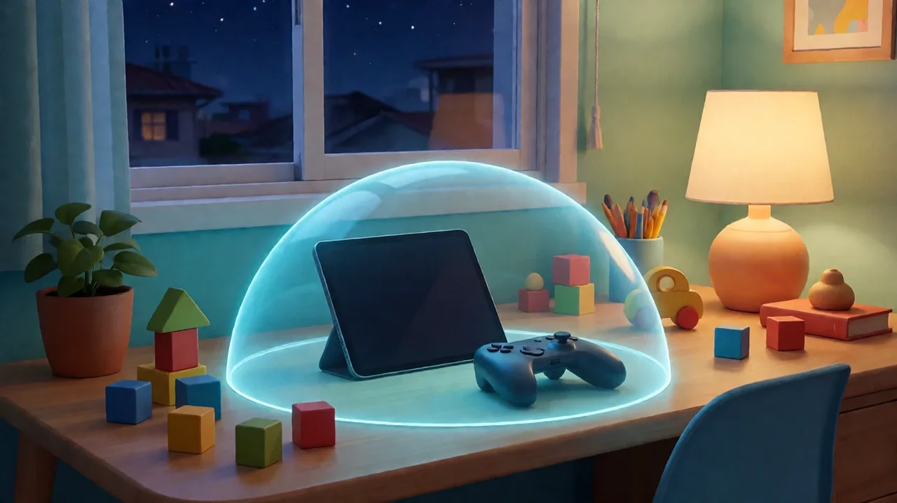 A tablet and a game controller under a glowing transparent protective dome on a child's desk at night, with wooden toy blocks, coloured pencils and a warm lamp