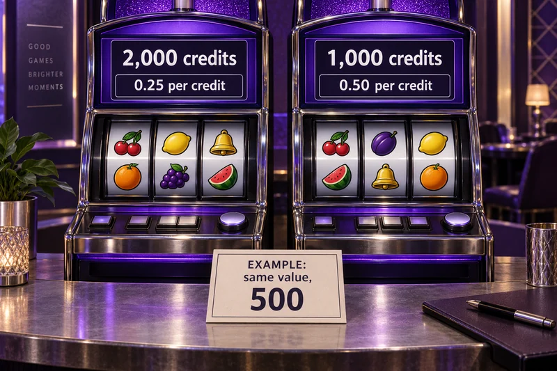 Two fictional slot cabinets show 2,000 credits at 0.25 and 1,000 credits at 0.50, each worth 500.