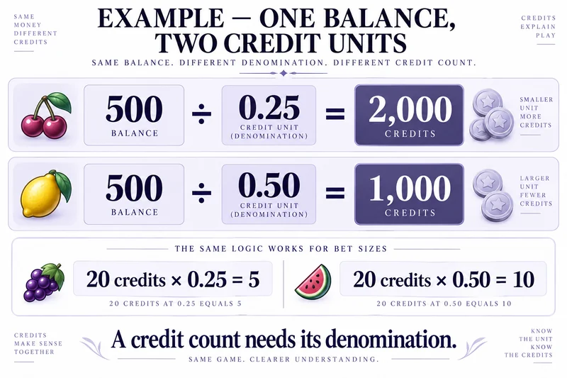 Example conversions compare one 500 balance and a 20-credit stake under two denominations.